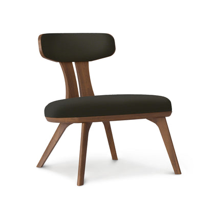 Estelle Walnut Lounge Chair by Copeland Furniture featuring a sleek mid-century modern design with a black cushioned seat and distinctive angled legs.