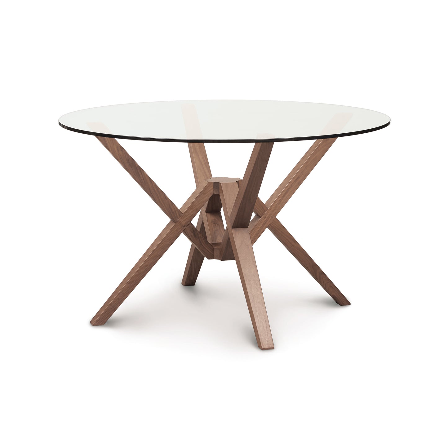 Copeland Furniture Exeter Round Glass Top Table - A modern dining table with a glass top and wooden legs, featuring innovative engineering and isometric design.