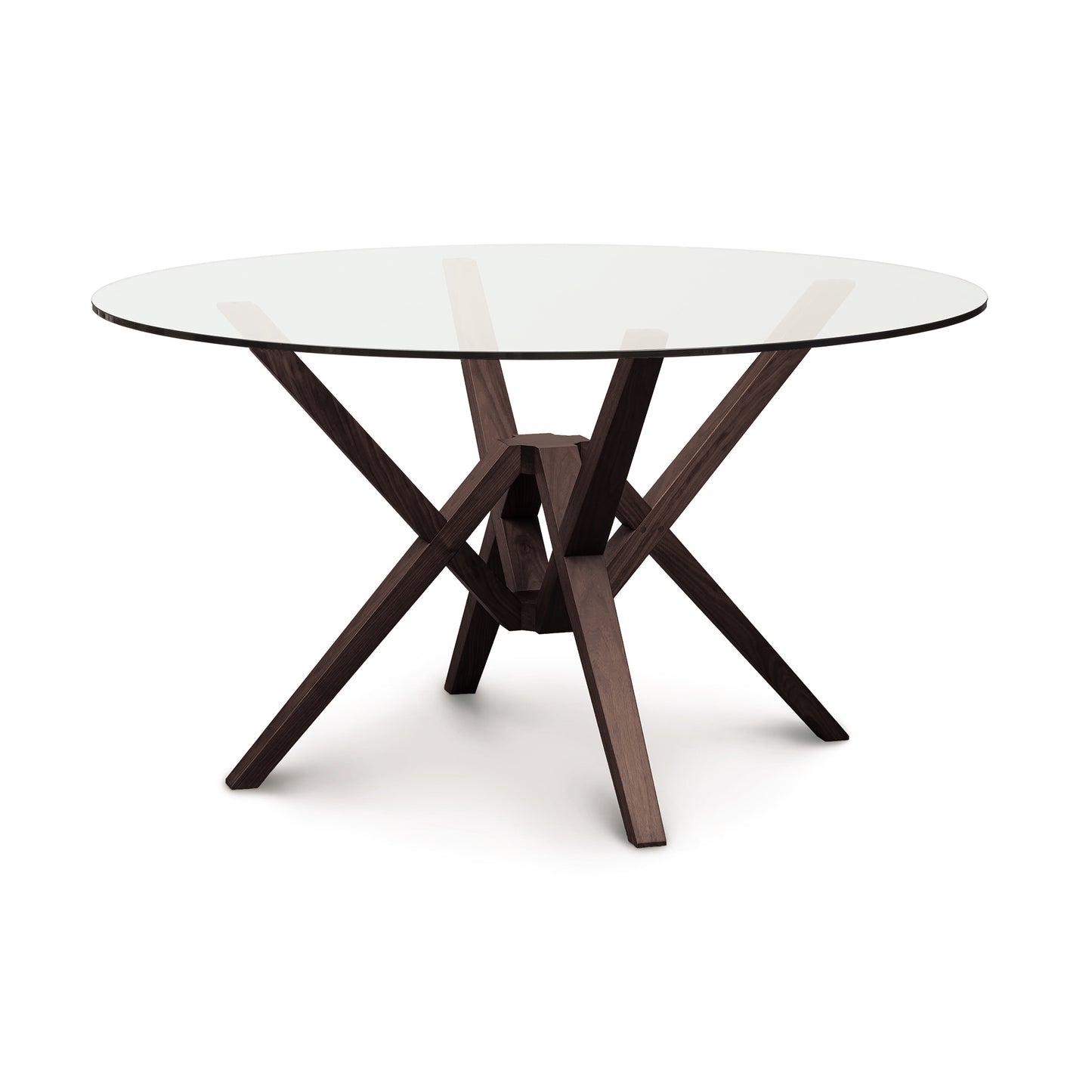 A Copeland Furniture Exeter Round Glass Top Table with a wooden base showcasing innovative engineering and isometric design.