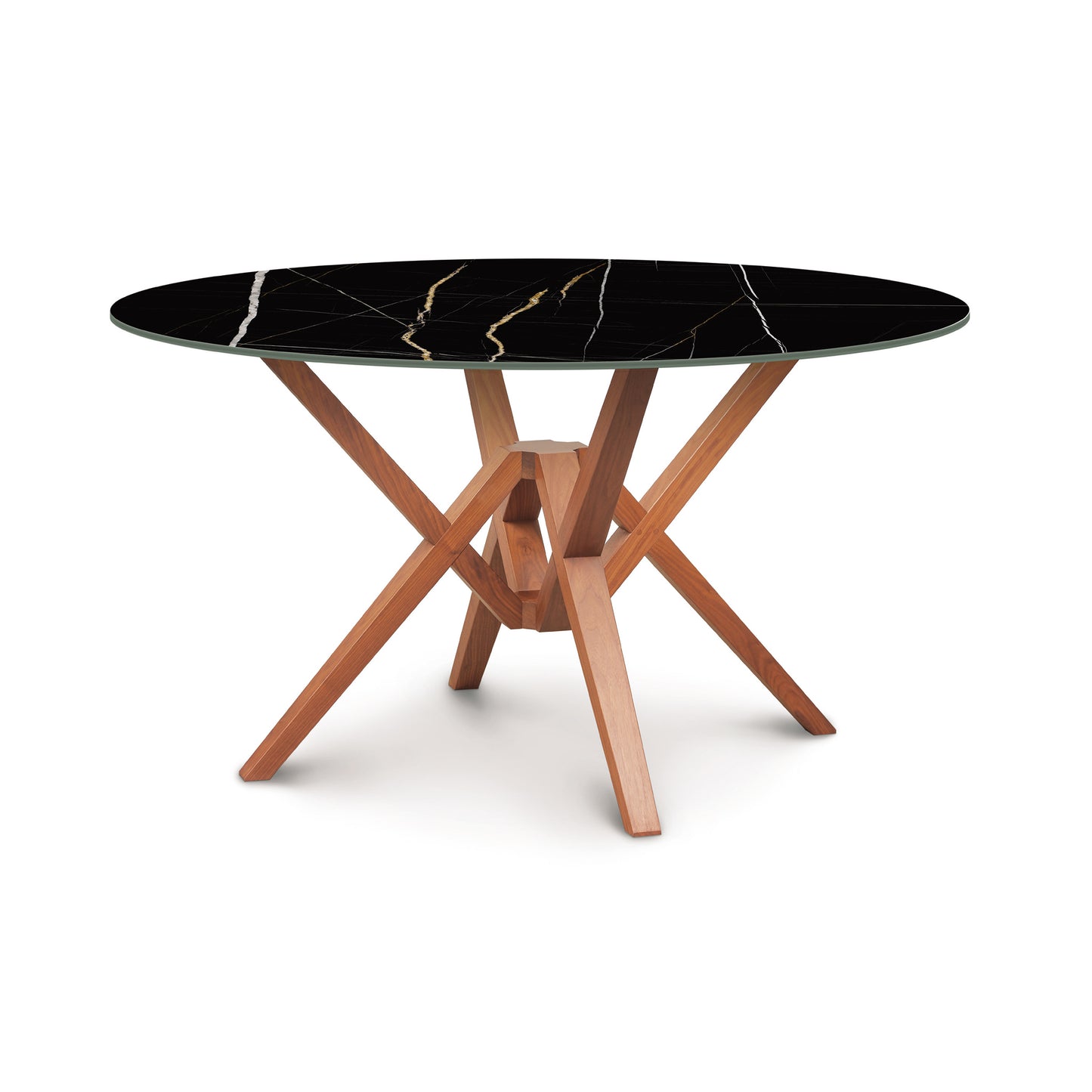 Exeter Round Sintered Stone Top Table by Copeland Furniture featuring a striking black tabletop and elegantly crafted wooden legs.