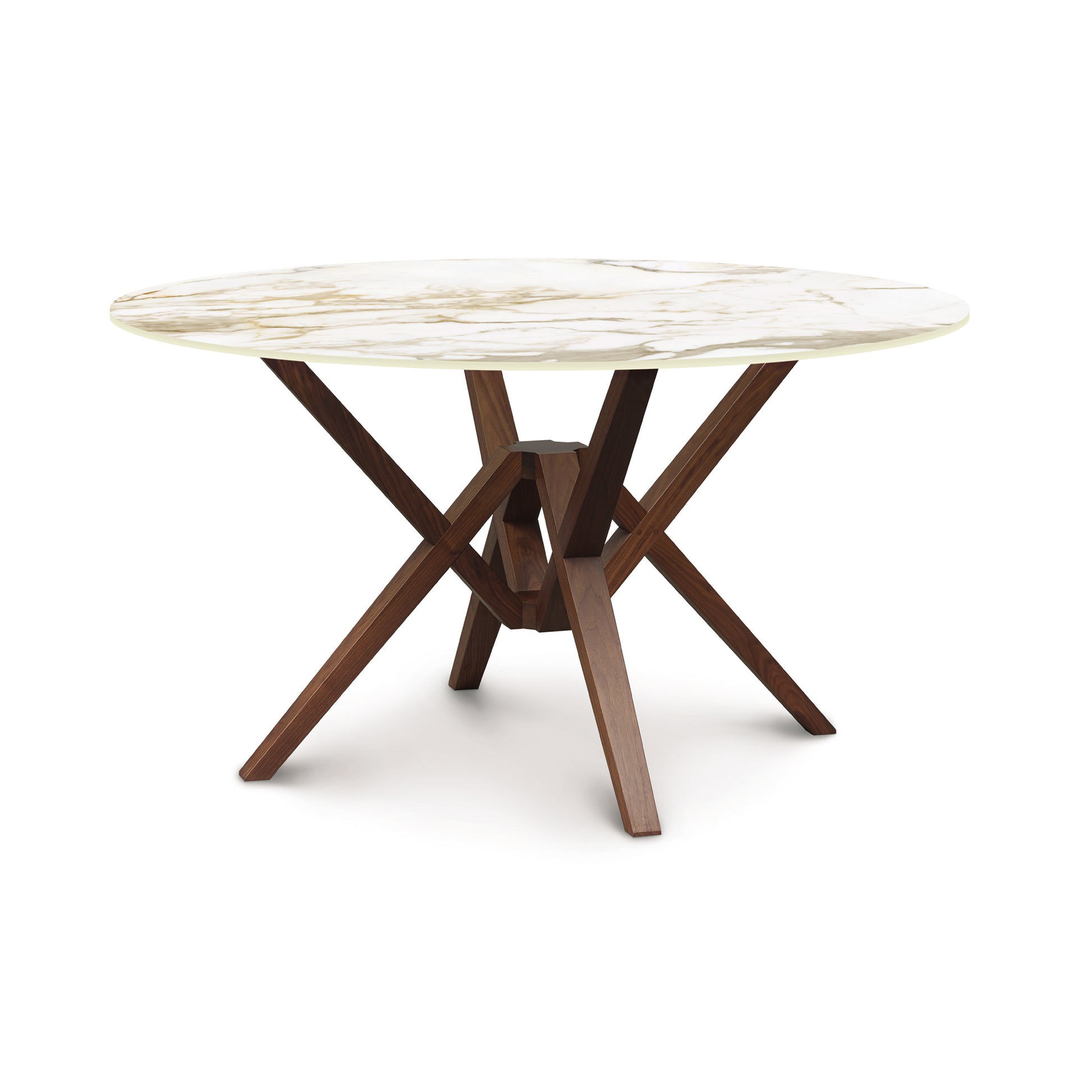 Exeter Round Table with a geometric wooden base and white marble-effect sintered stone top by Copeland Furniture.