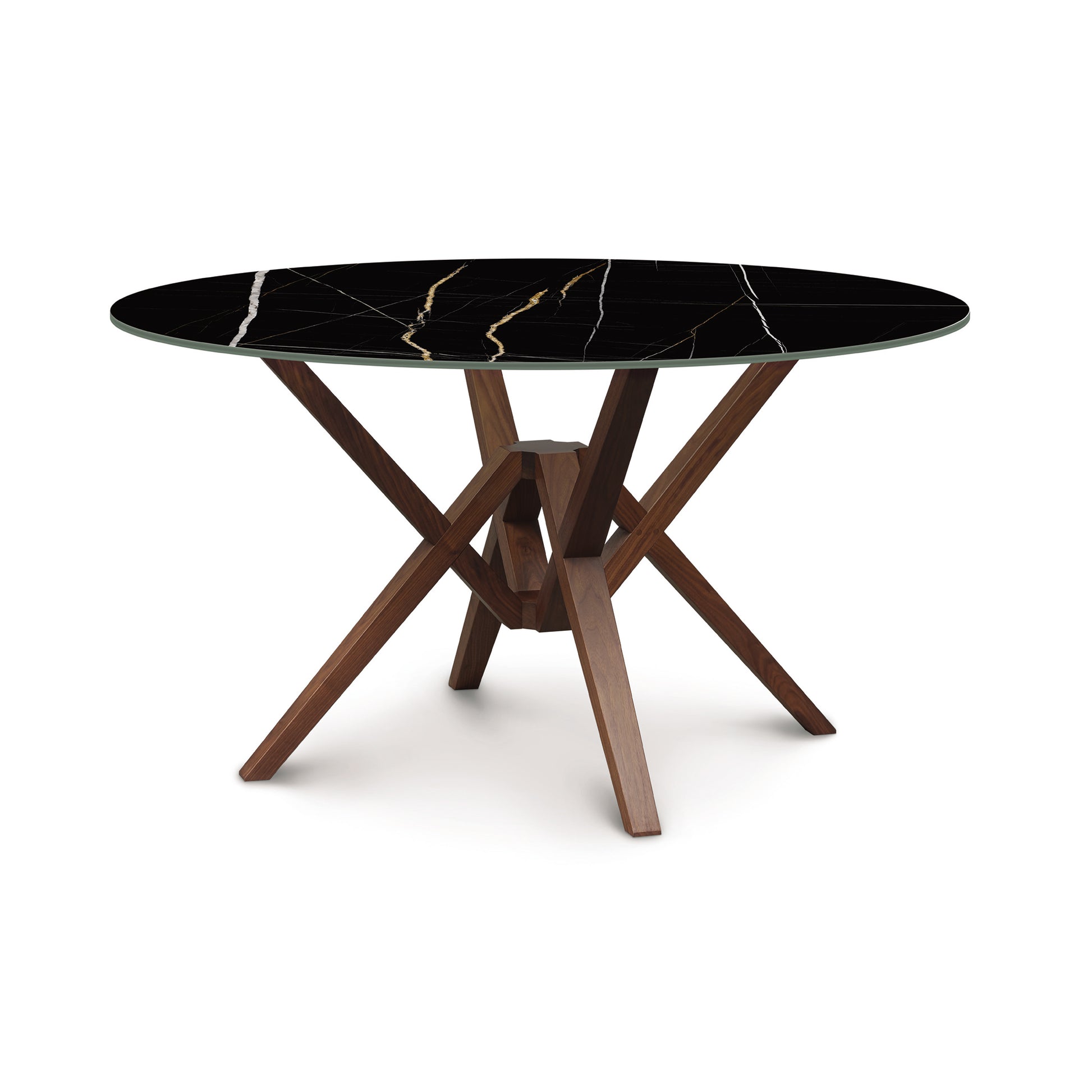 Exeter Round Table with Black Sintered Stone Top and Geometric Sustainable Hardwood Base by Copeland Furniture.