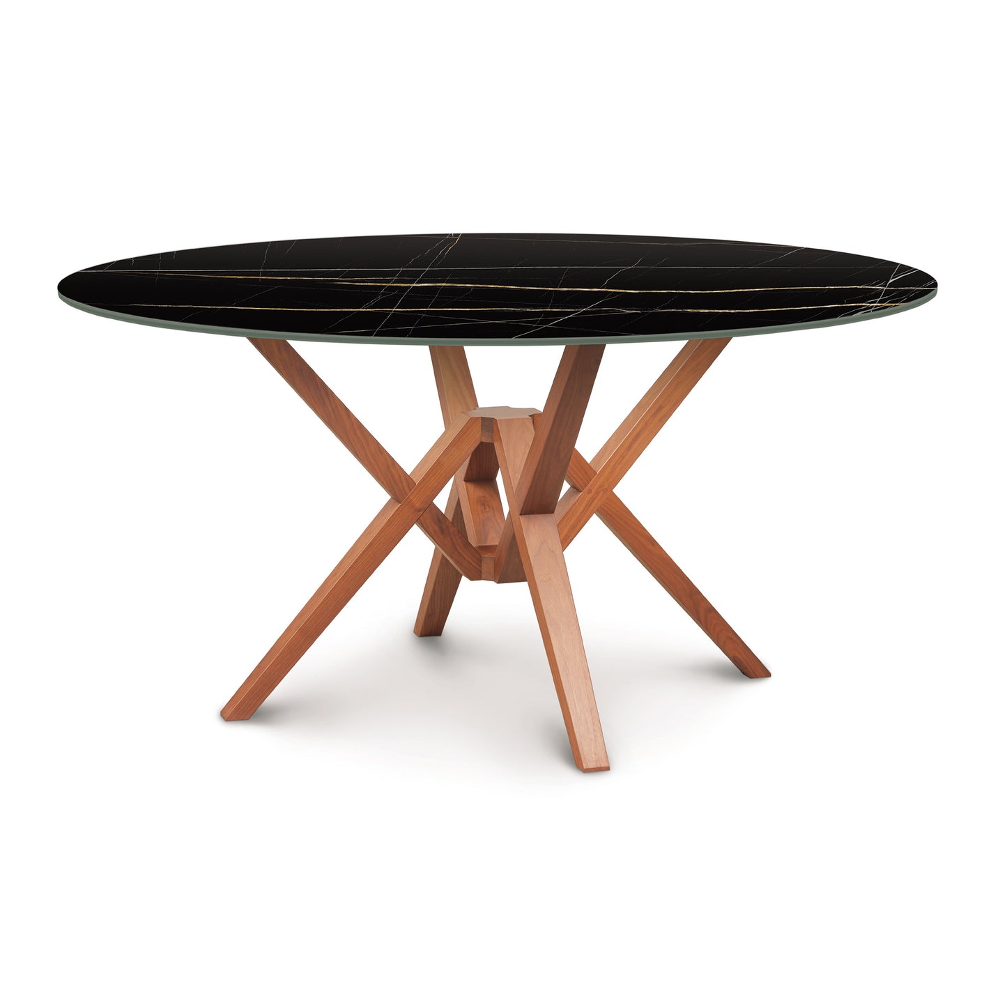 Exeter Table by Copeland Furniture featuring a sintered stone top and geometric hardwood base.