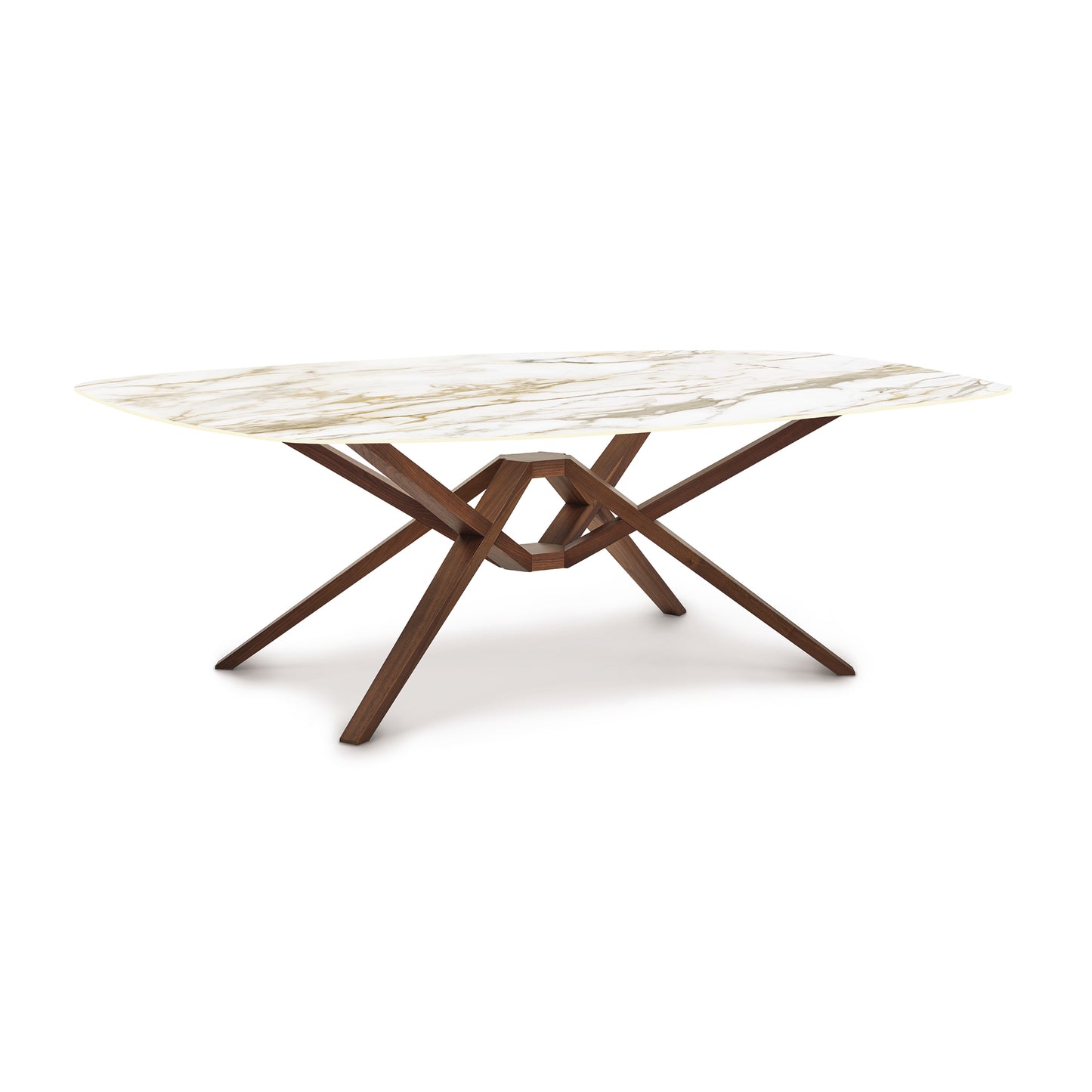 Exeter Sintered Stone Top Table by Copeland Furniture featuring a striking geometric crisscross base, highlighting American-made craftsmanship.