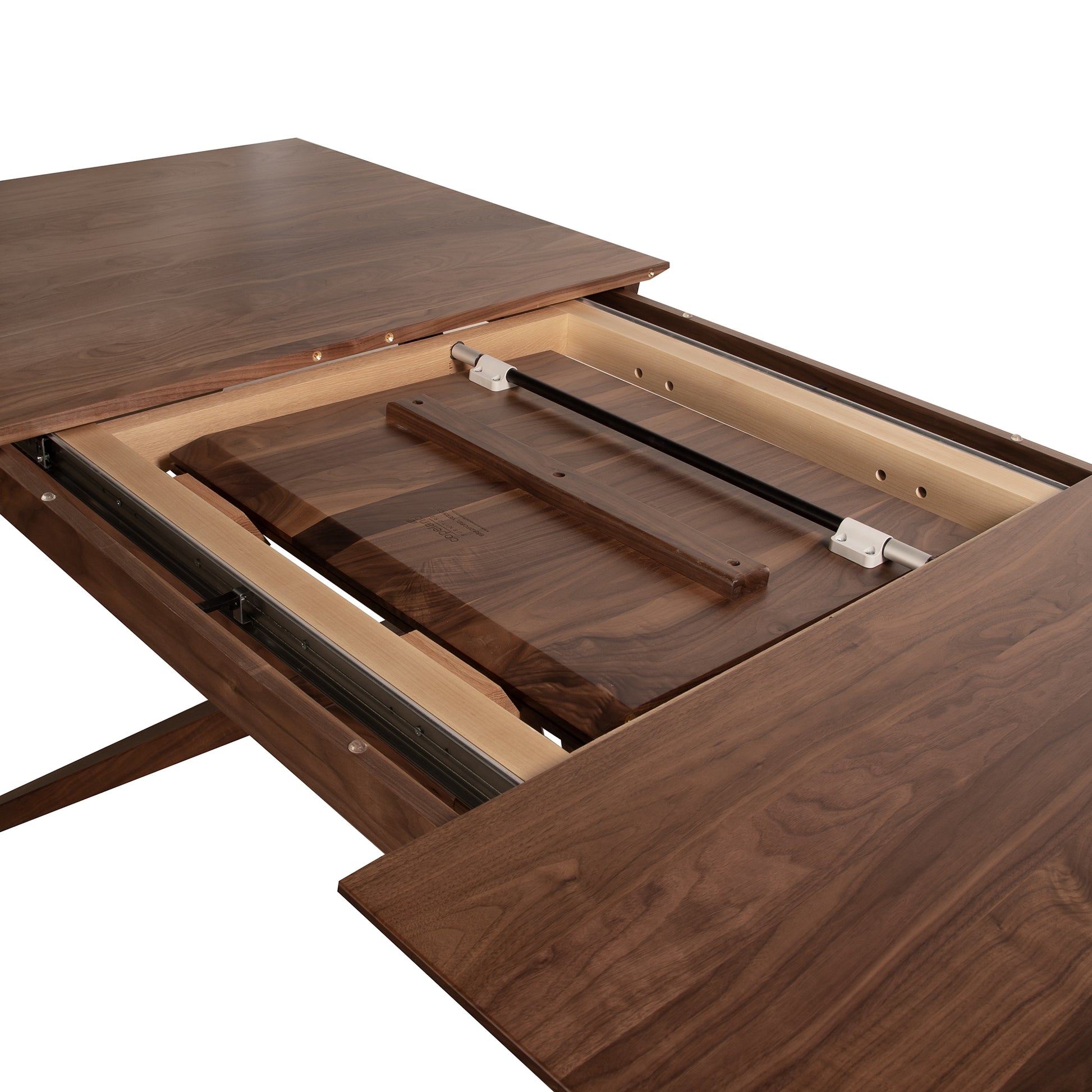 Exeter Extension Dining Table by Copeland Furniture featuring sliding tracks and built-in leaf storage compartment.