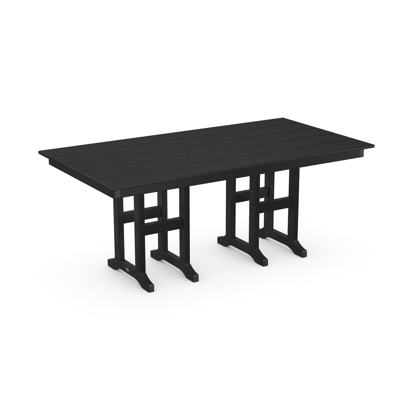 A 3D-rendered image of a large, rectangular, black POLYWOOD Farmhouse 37" x 72" Dining Table with a slatted top and sturdy legs, made from weather-resistant POLYWOOD lumber, set against a plain
