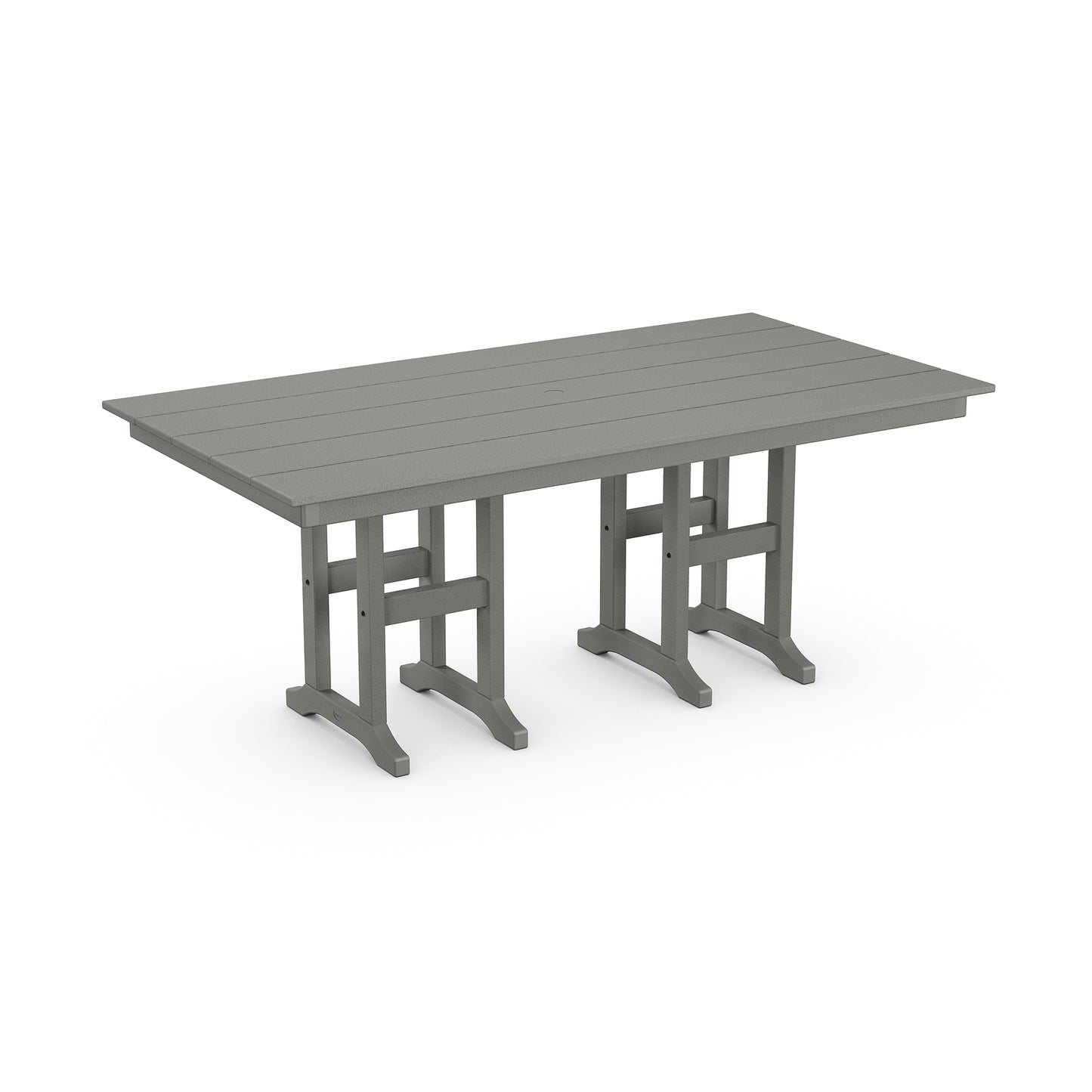 A 3D rendering of a large gray outdoor picnic table made of weather-resistant POLYWOOD lumber, featuring attached benches on either side. The table is set against a plain white background.