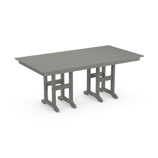 Gray weather-resistant POLYWOOD Farmhouse Dining Table with slatted rectangular top and double pedestal legs.