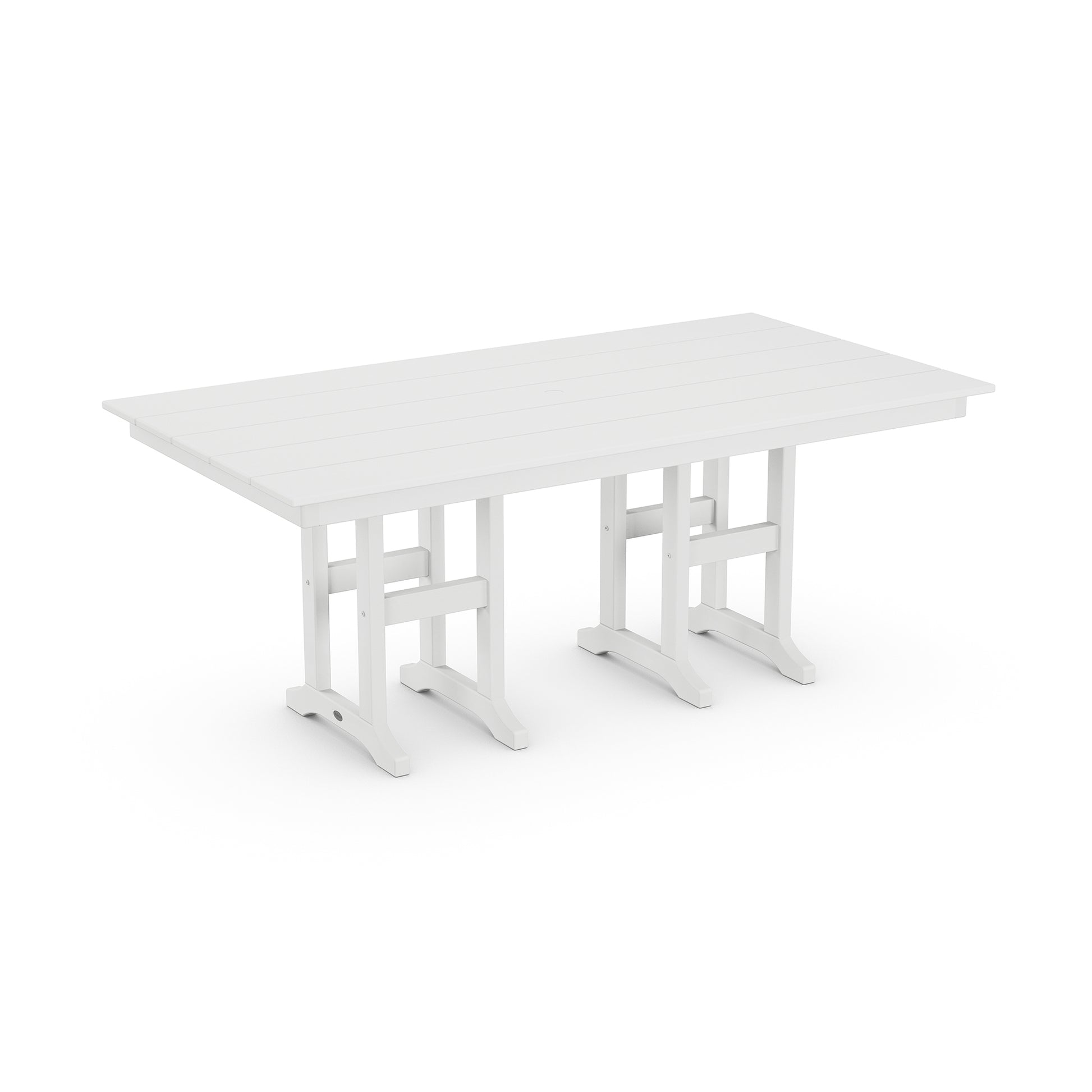 White POLYWOOD Farmhouse 37" x 72" Dining Table with a minimalist design and two attached benches, isolated on a white background.
