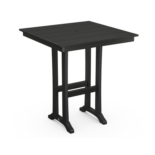A black square POLYWOOD Farmhouse Trestle 37" Bar Table with a slatted top and sturdy legs on a plain white background, perfect for outdoor dining.