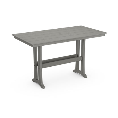 A modern standing desk crafted from POLYWOOD® Farmhouse Trestle 37" x 72" Bar Table lumber, featuring a rectangular, gray, textured surface and sturdy metal legs, set against a white background.