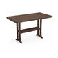 A rectangular brown POLYWOOD® Farmhouse Trestle 37" x 72" Bar Table with a simple design, featuring sturdy legs and a slatted top, displayed on a plain white background.