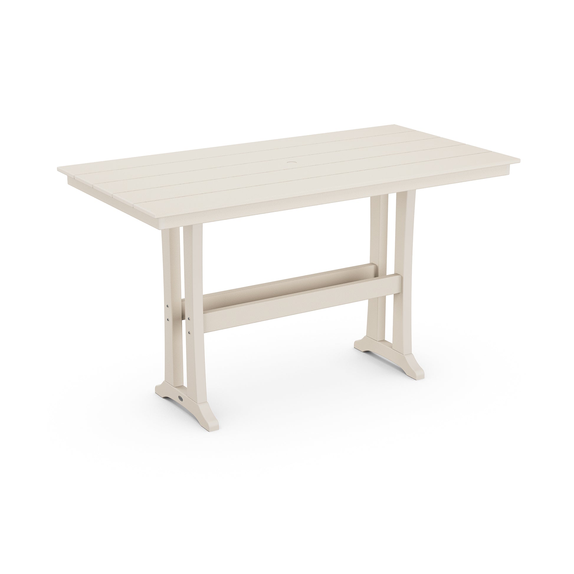 A modern beige adjustable-height desk with a minimalist design, featuring a flat tabletop crafted from POLYWOOD Farmhouse Trestle 37" x 72" Bar Table lumber and sturdy metal legs, isolated on a white background.