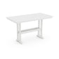 A white, modern adjustable-height POLYWOOD Farmhouse Trestle 37" x 72" Bar Table with a minimalist design, featuring a rectangular tabletop and sturdy POLYWOOD lumber legs, isolated on a white background.