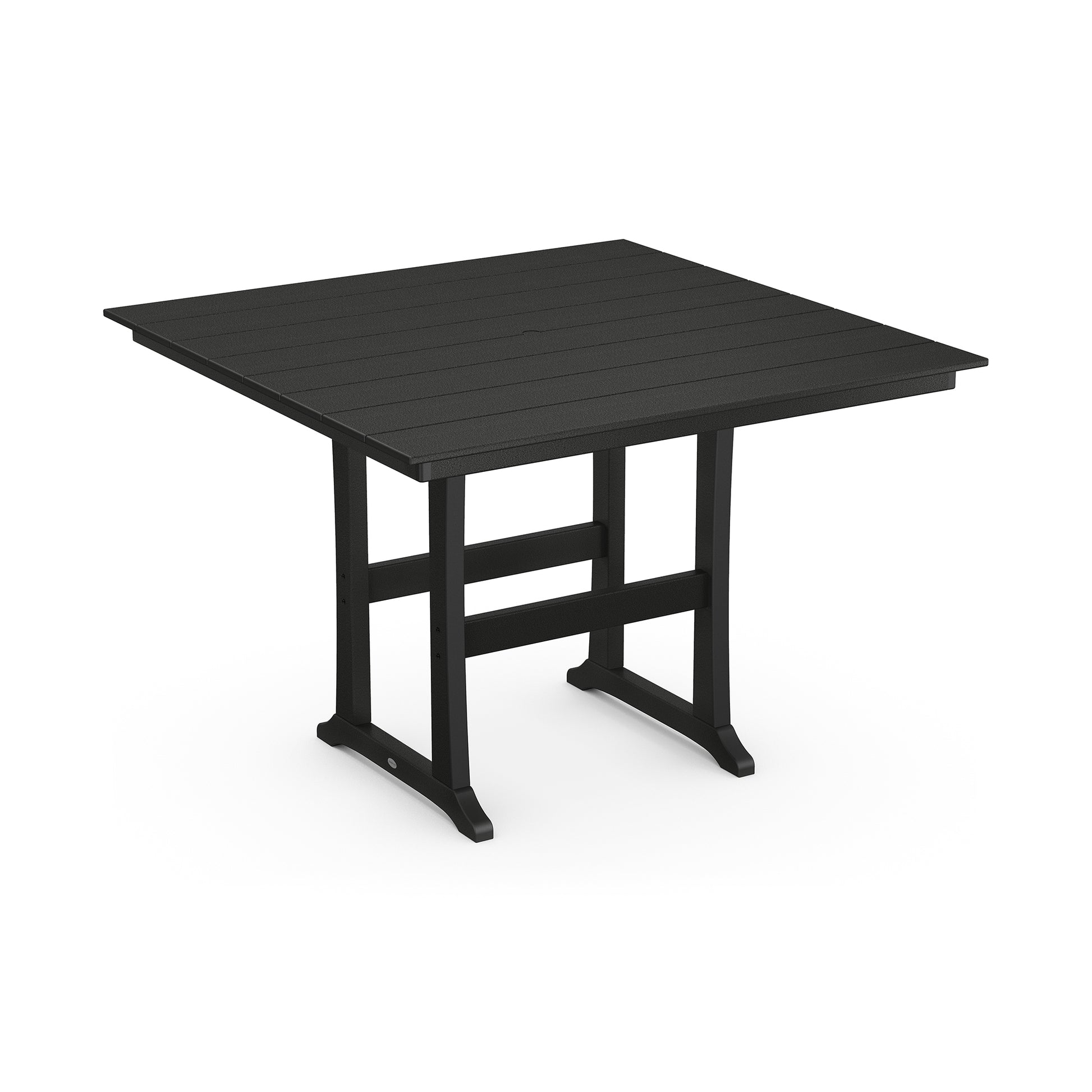A modern black POLYWOOD Farmhouse Trestle 59" Bar Table with a slatted top and a sturdy rectangular frame, isolated on a white background.
