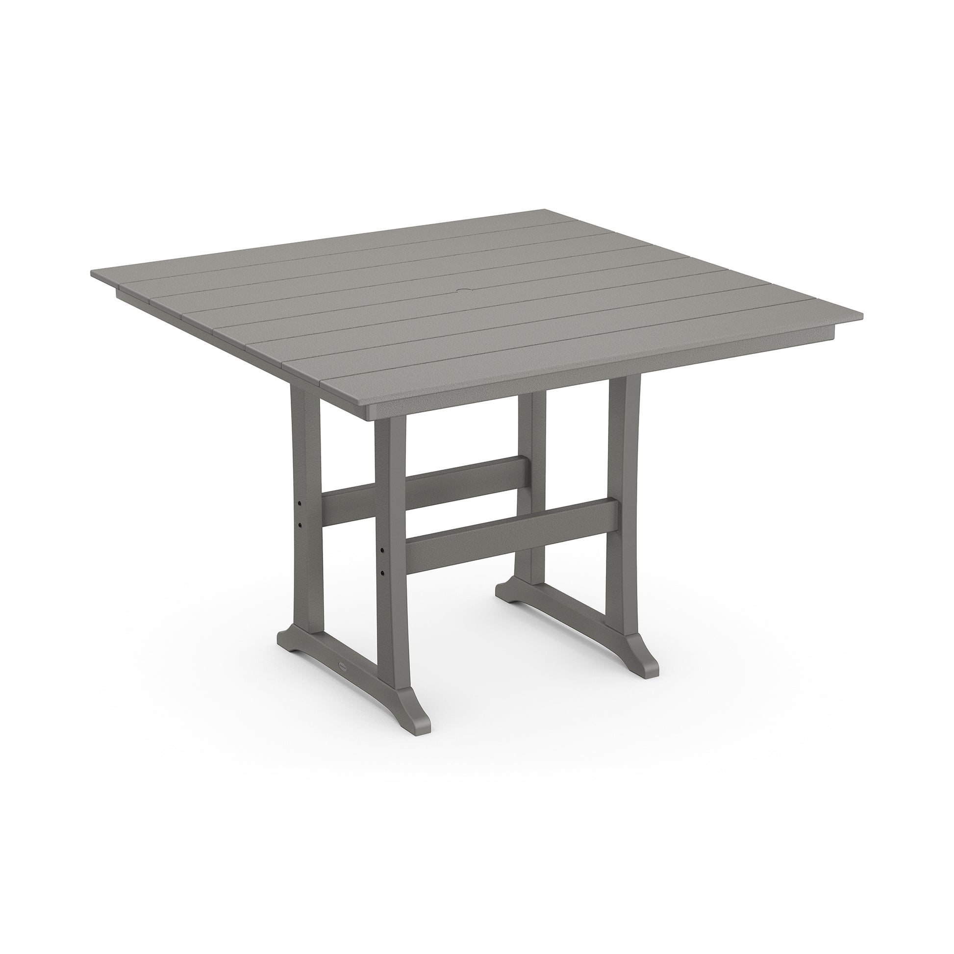 A minimalist gray outdoor dining table made from POLYWOOD® Farmhouse Trestle 59" Bar Table lumber, featuring a slatted top and sturdy metal frame, set against a plain white background.