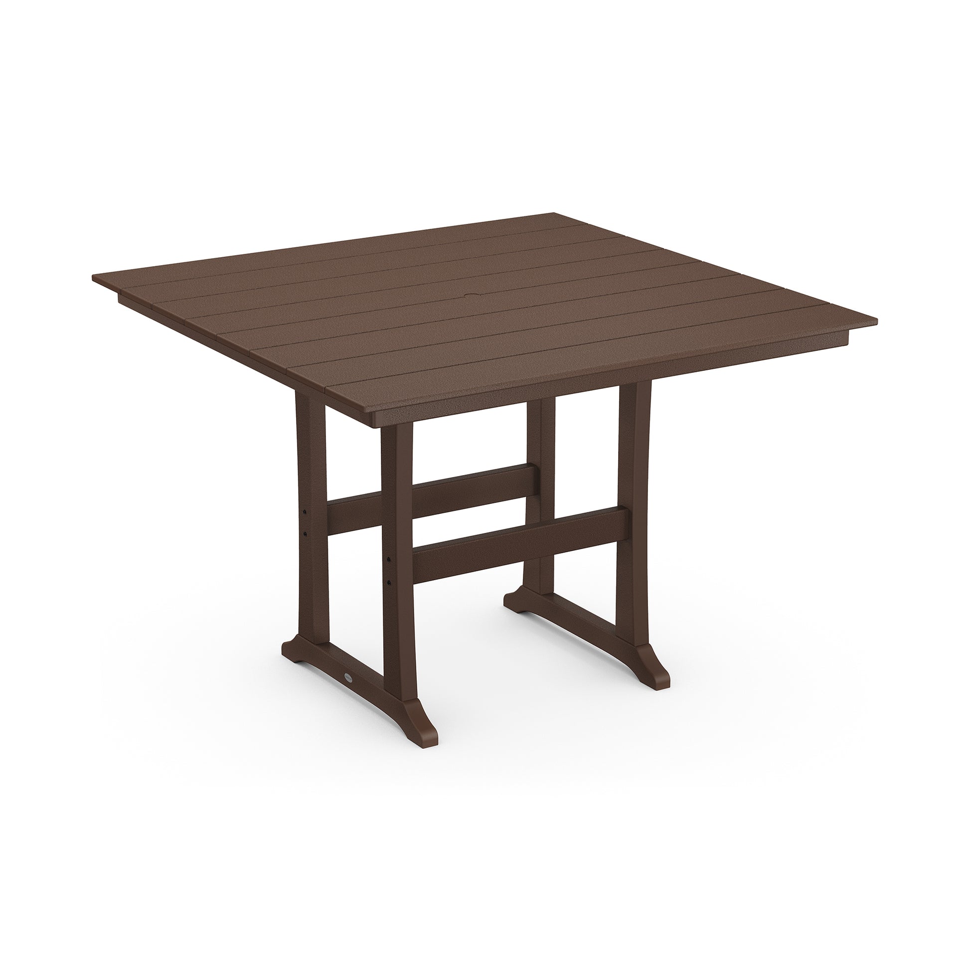 A 3D rendering of a POLYWOOD Farmhouse Trestle 59" Bar Table made of POLYWOOD lumber, with a slatted top and sturdy legs, isolated on a white background.