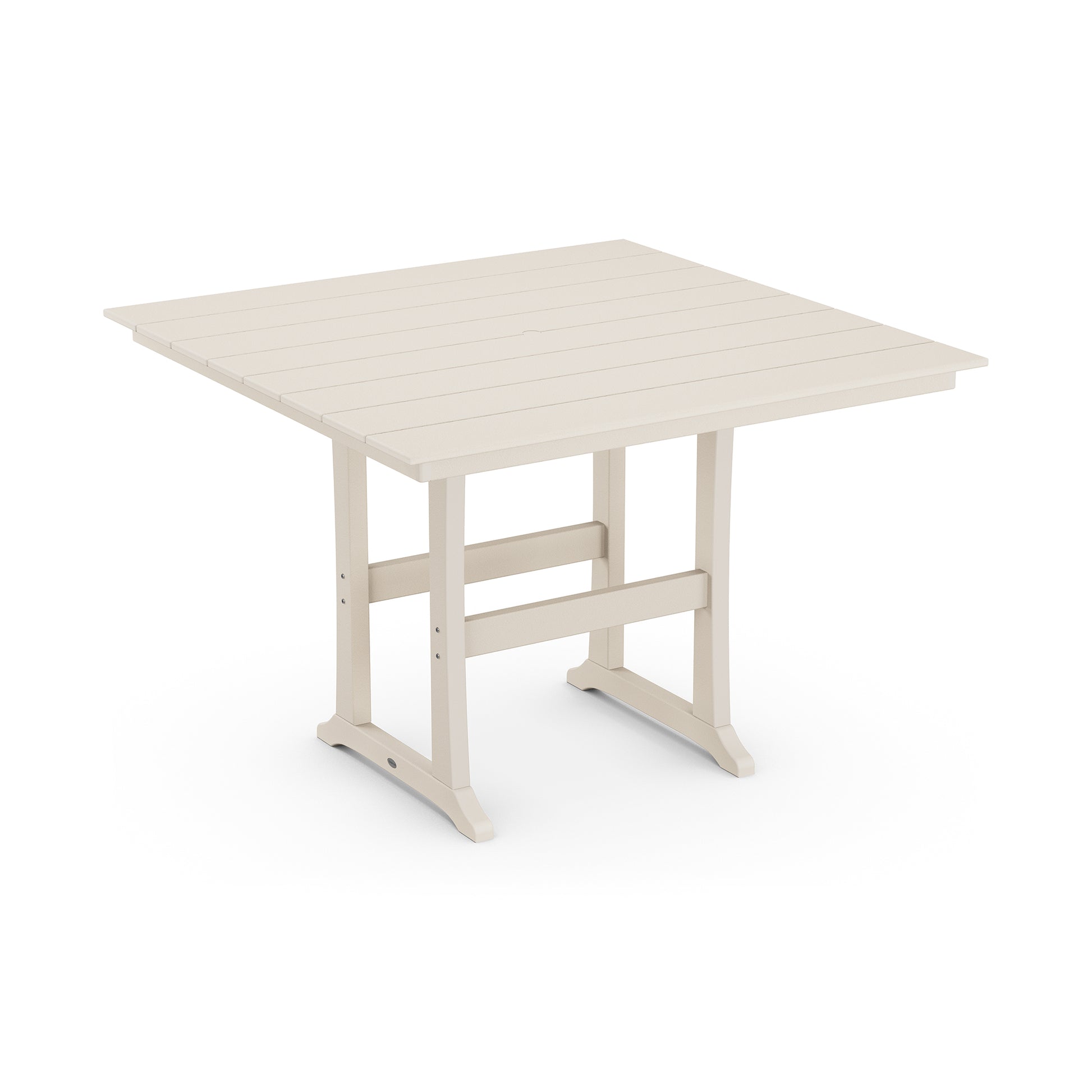 A modern, cream-colored POLYWOOD Farmhouse Trestle 59" bar height outdoor table with a slatted top and sturdy frame, shown in an isolated view with a plain white background.