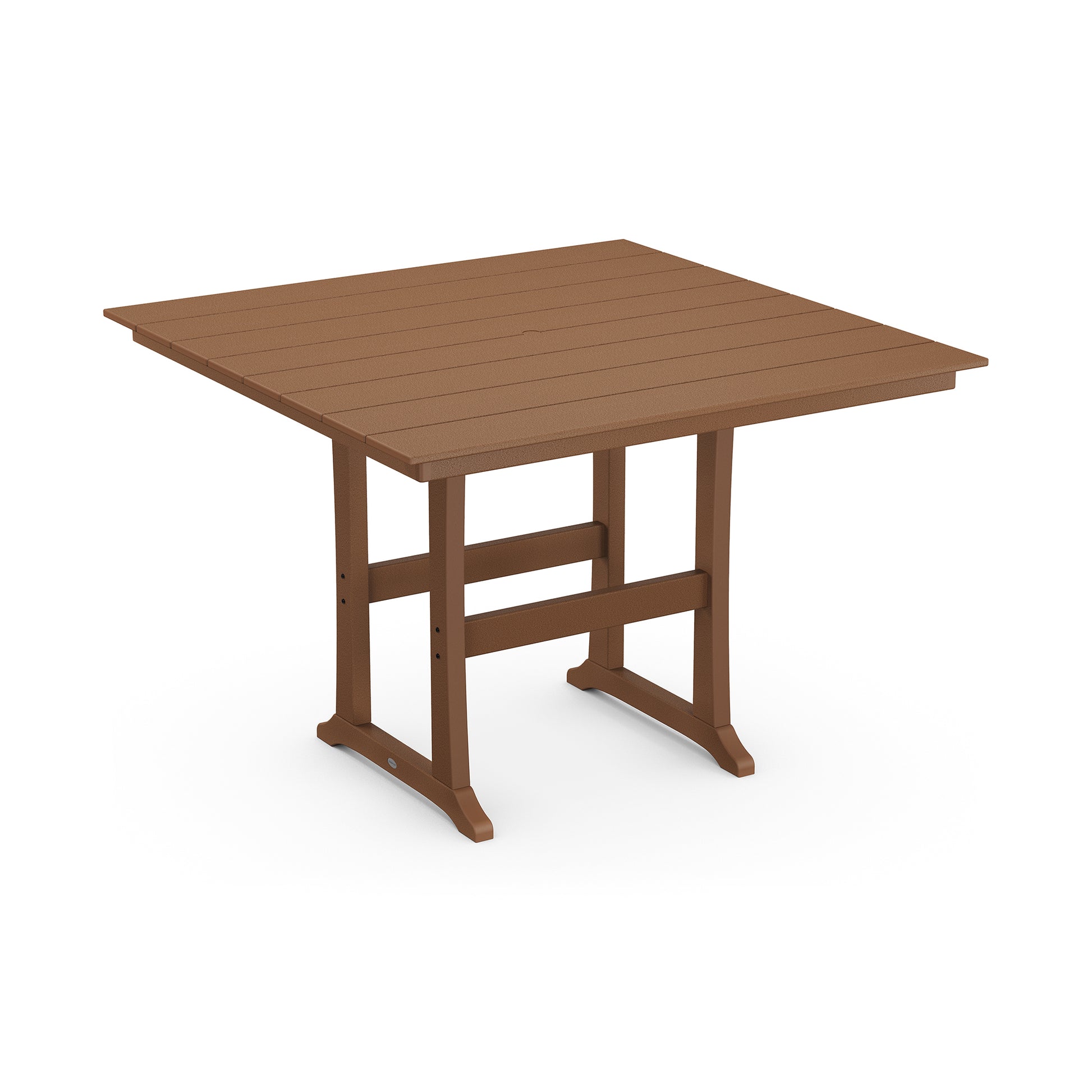 A 3D rendering of a simple brown POLYWOOD Farmhouse Trestle 59" Bar Table with a rectangular top and sturdy legs, set against a plain white background.
