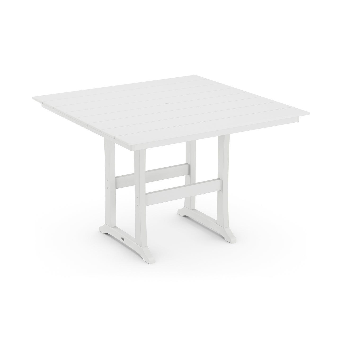 A simple white POLYWOOD Farmhouse Trestle 59" Bar Table with a rectangular top and a sturdy POLYWOOD® lumber frame. The table is set against a plain white background, emphasizing its clean and minimalistic design.