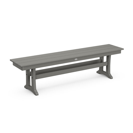POLYWOOD Farmhouse Trestle 65" Bench in gray with durable, weather-resistant construction and robust legs.