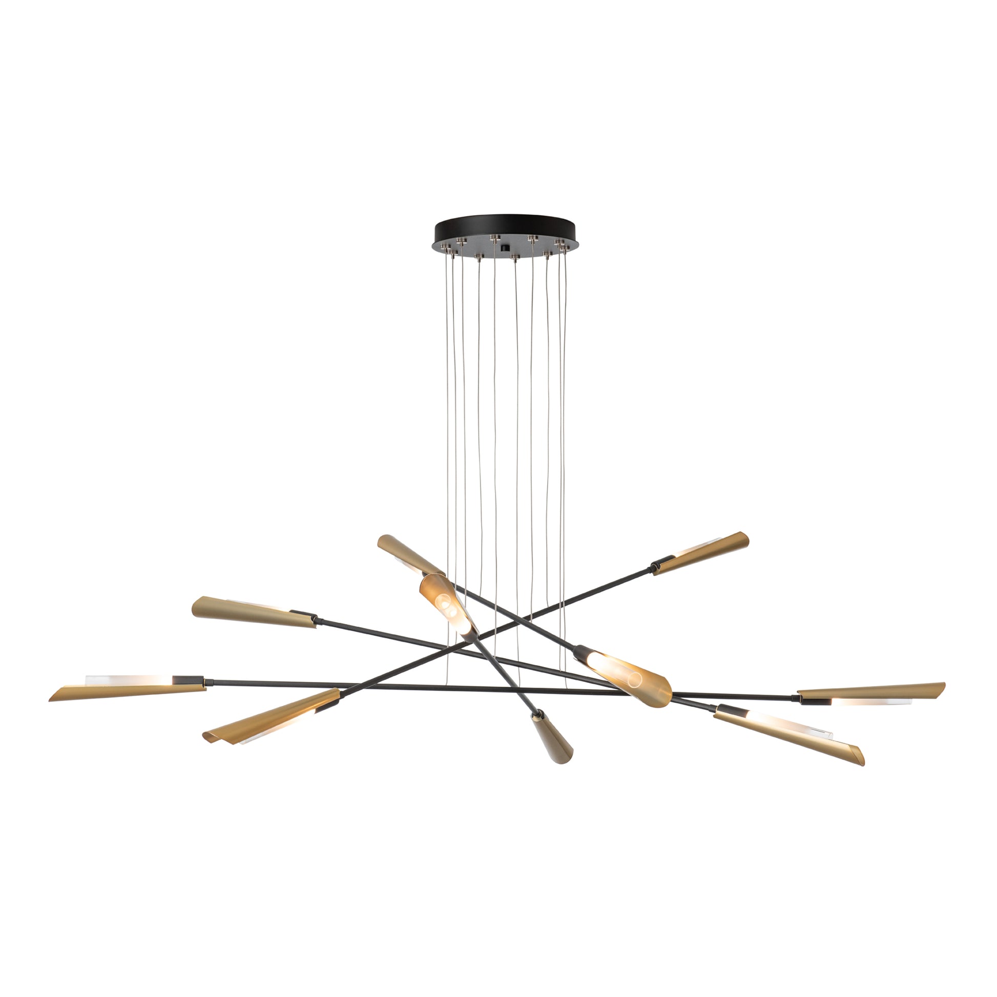 Close-up of the Hubbardton Forge Flight 10-Light Pendant, showcasing black rods and gold fixtures for a striking modern furniture accent.