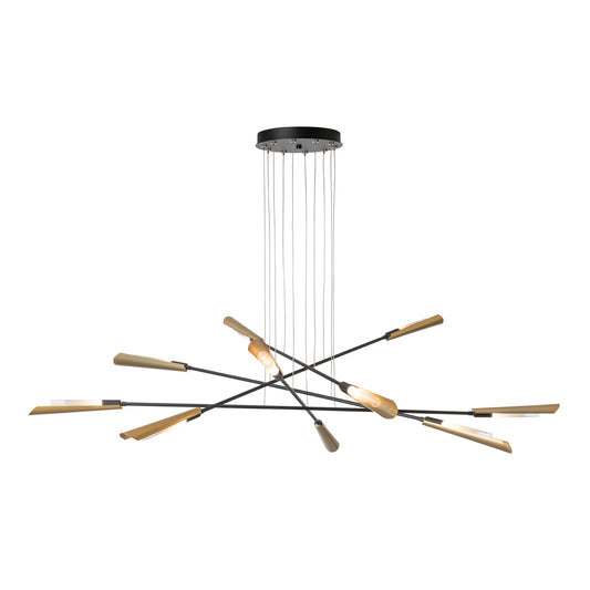 Close-up of the Hubbardton Forge Flight 10-Light Pendant, showcasing black rods and gold fixtures for a striking modern furniture accent.