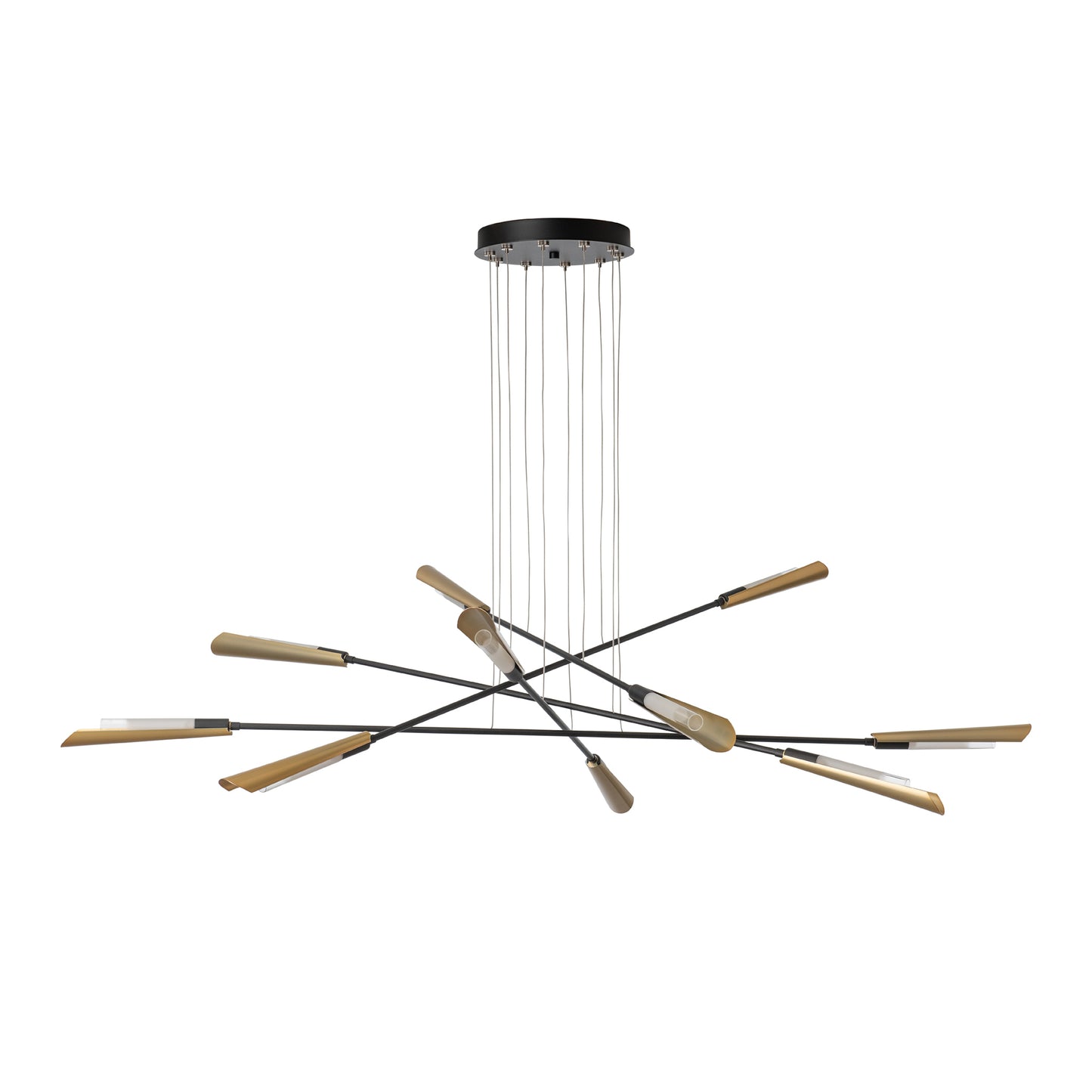 Hubbardton Forge Flight 10-Light Pendant featuring intersecting black rods, gold accents, and hand-forged steel rectangular lights, American made.
