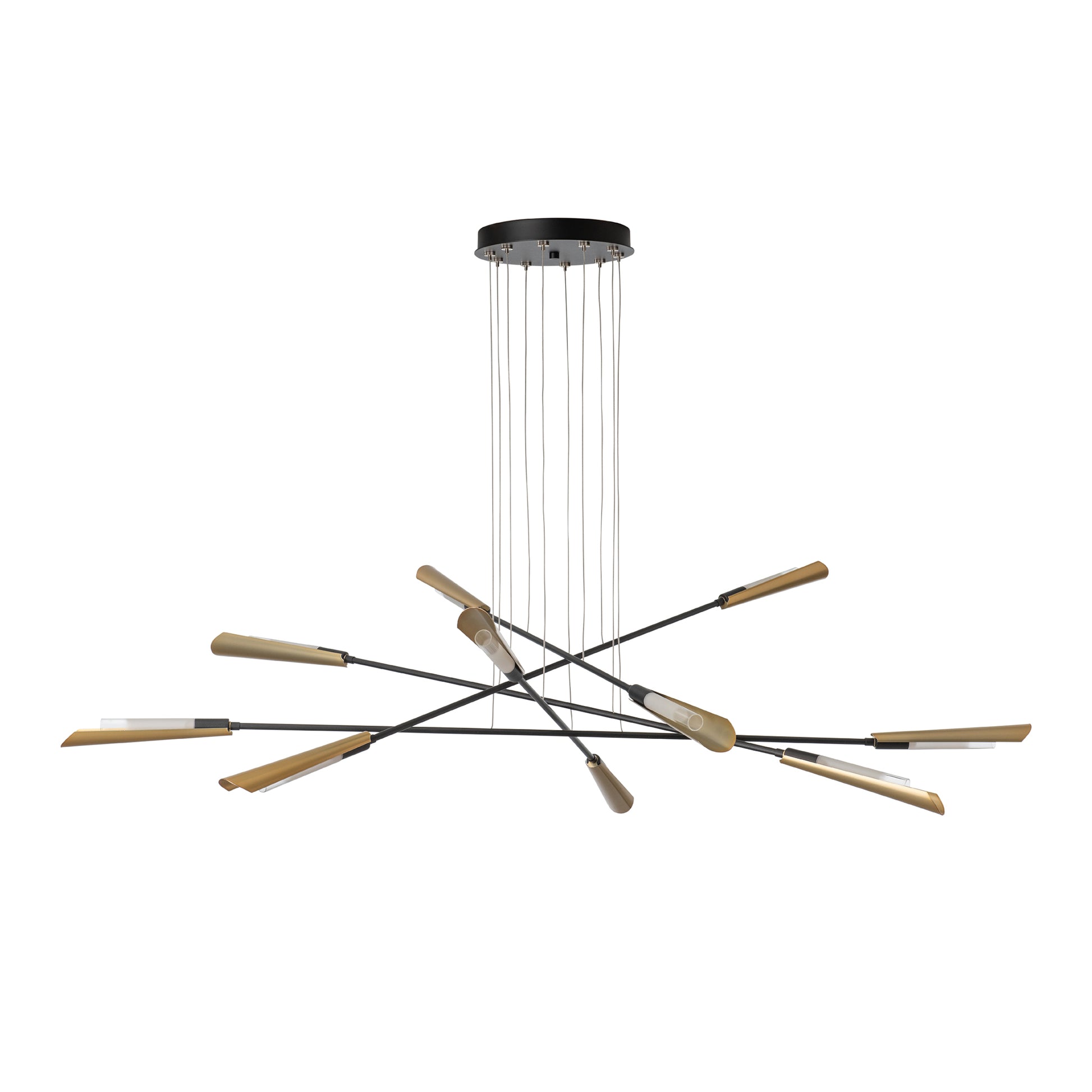 Hubbardton Forge Flight 10-Light Pendant featuring intersecting black rods, gold accents, and hand-forged steel rectangular lights, American made.