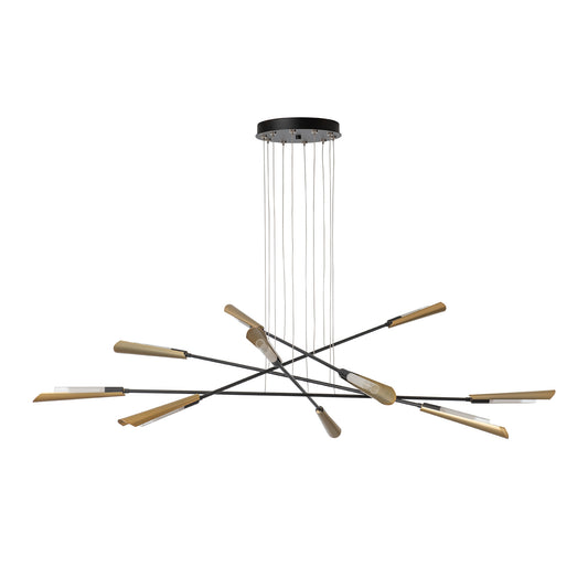 Hubbardton Forge Flight 10-Light Pendant featuring intersecting black rods, gold accents, and hand-forged steel rectangular lights, American made.
