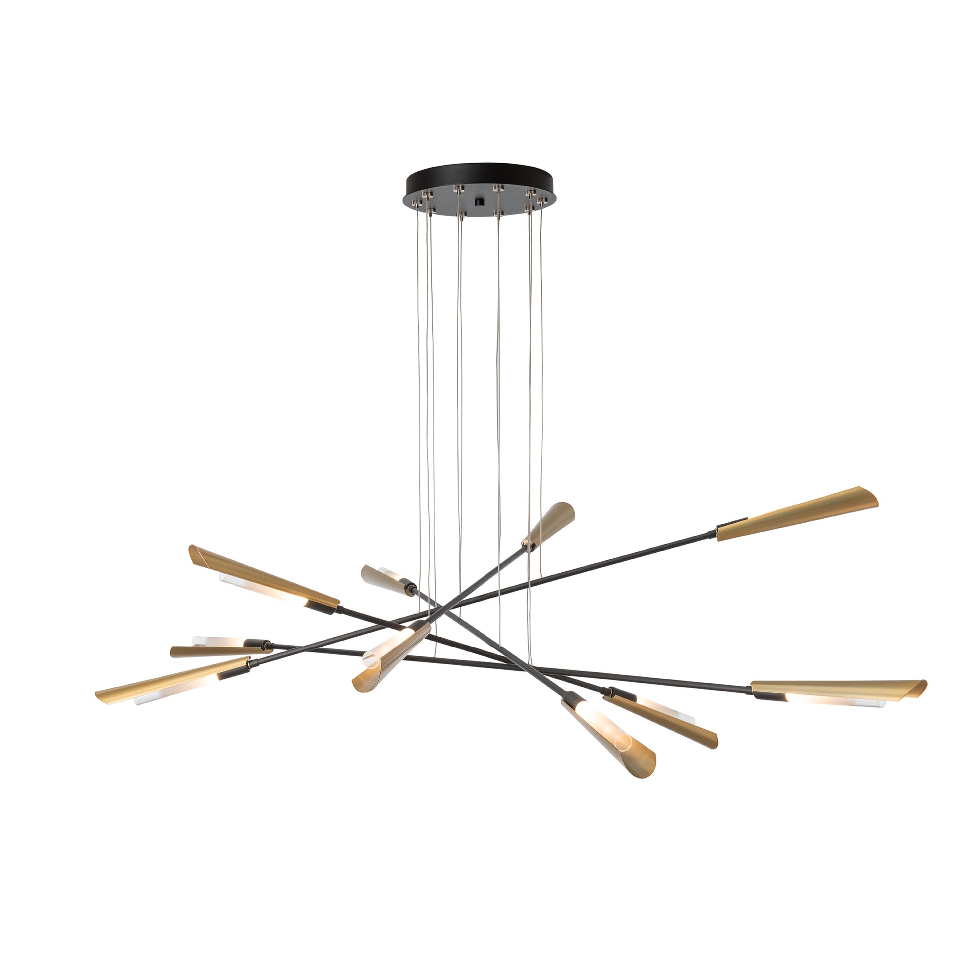 Flight 10-Light Pendant by Hubbardton Forge showcases sleek black and gold rods with LED lighting, highlighting modern American-made craftsmanship.