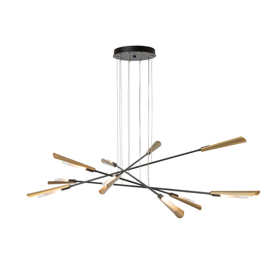 Flight 10-Light Pendant by Hubbardton Forge showcases sleek black and gold rods with LED lighting, highlighting modern American-made craftsmanship.