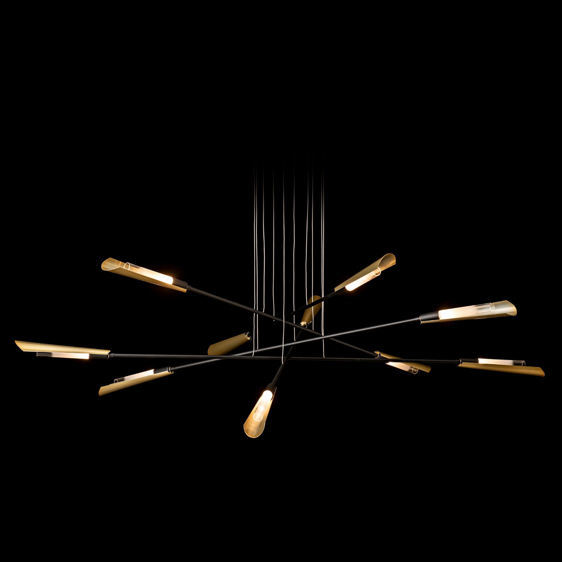 Hubbardton Forge Flight 10-Light Pendant with hand-forged steel rods and gold-tipped bulbs, a statement piece of fine American made furniture design.