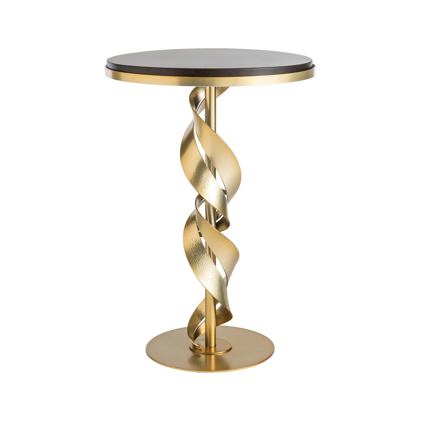 A small, round Folio Wood Top Accent Table from Hubbardton Forge features a black surface and is supported by a gold metal base with a twisted design. The base, finished in modern brass, stands on a circular gold platform, effortlessly blending modern and elegant elements.