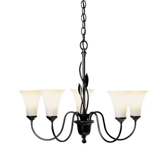 A Hubbardton Forge Forged Leaves 5-Arm Chandelier featuring white glass shades for soft illumination.