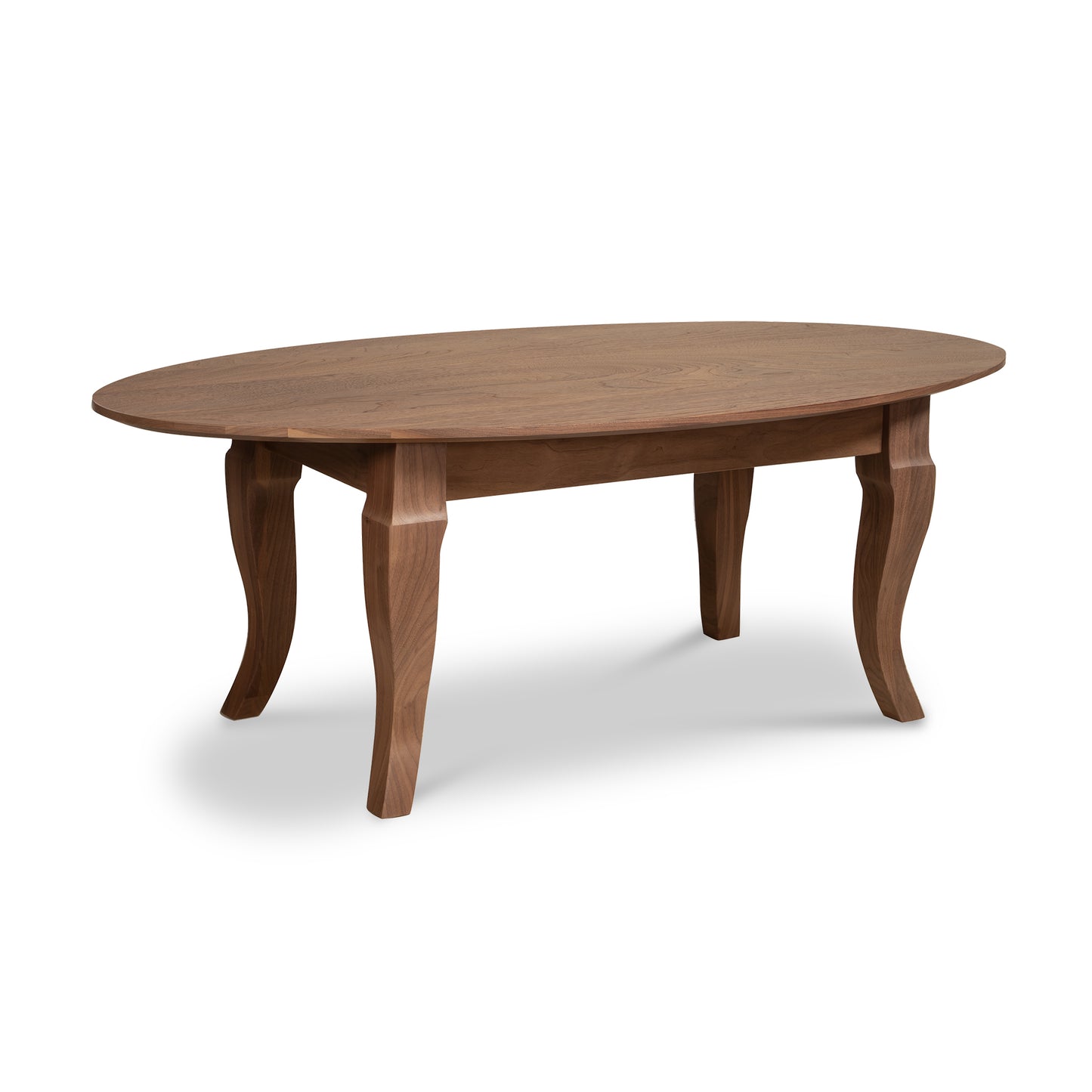 Lyndon Furniture French Country Oval Coffee Table in walnut finish with four curved legs, handcrafted American made hardwood furniture.