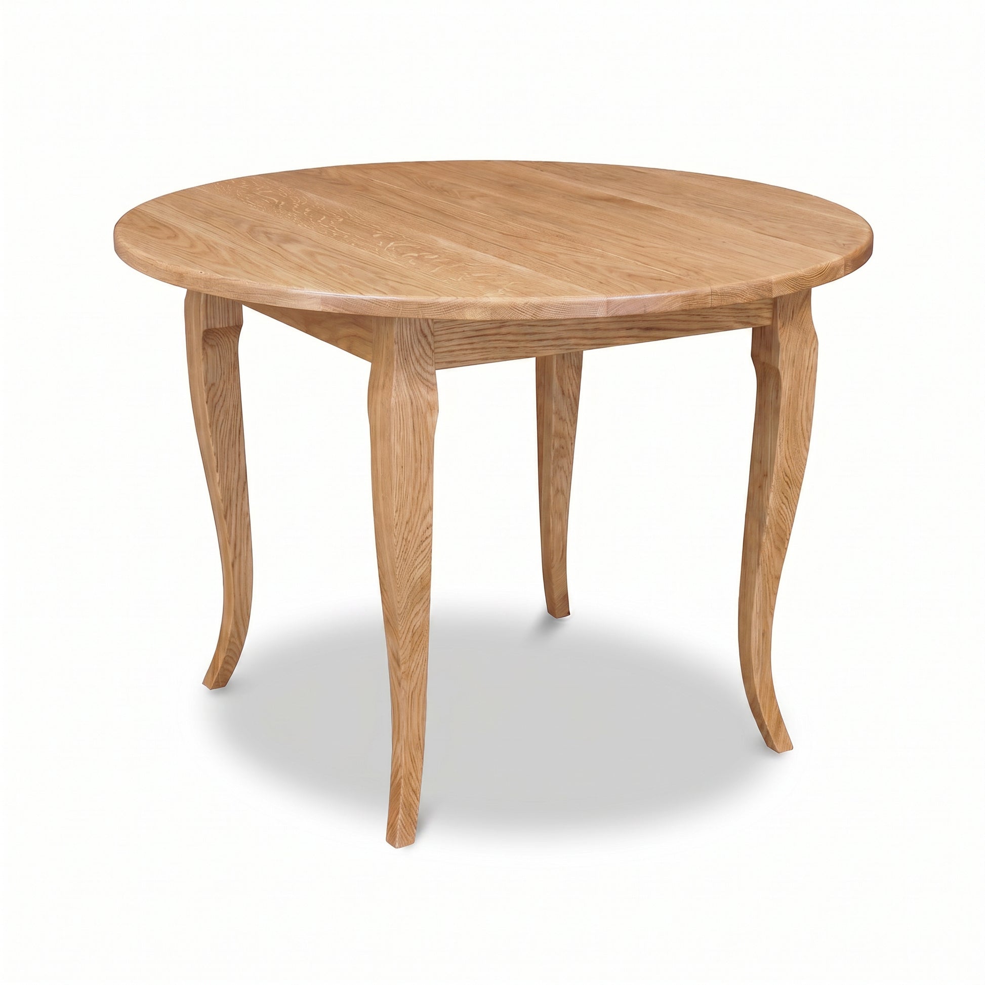 Lyndon Furniture French Country Round Solid Top Table features gracefully curved legs and expert American craftsmanship, highlighting its elegant design.