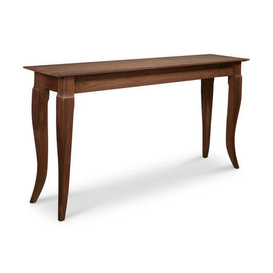 French Country Sofa Table by Lyndon Furniture in solid wood, with a rectangular top and elegant curved legs, American made craftsmanship.