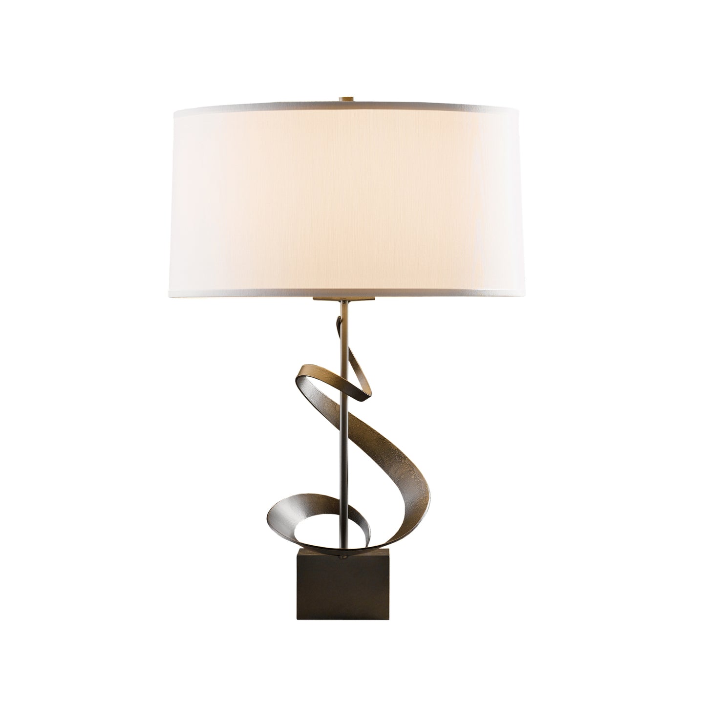 A Gallery Spiral Table Lamp, handcrafted in Vermont by Hubbardton Forge, with a metal base and a white shade.