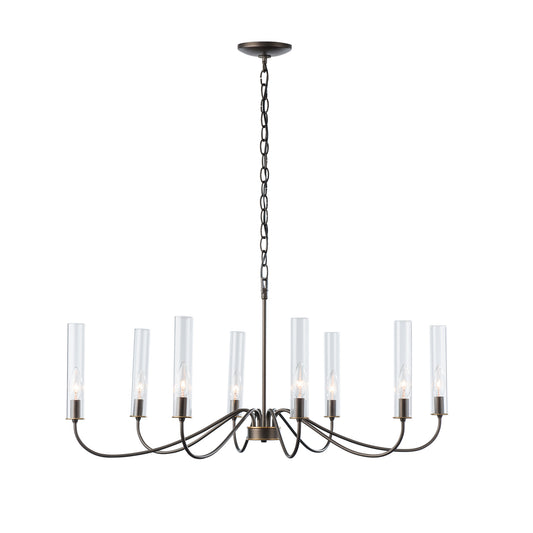 An artisan Grace 8-Arm Chandelier with clear glass shades by Hubbardton Forge.