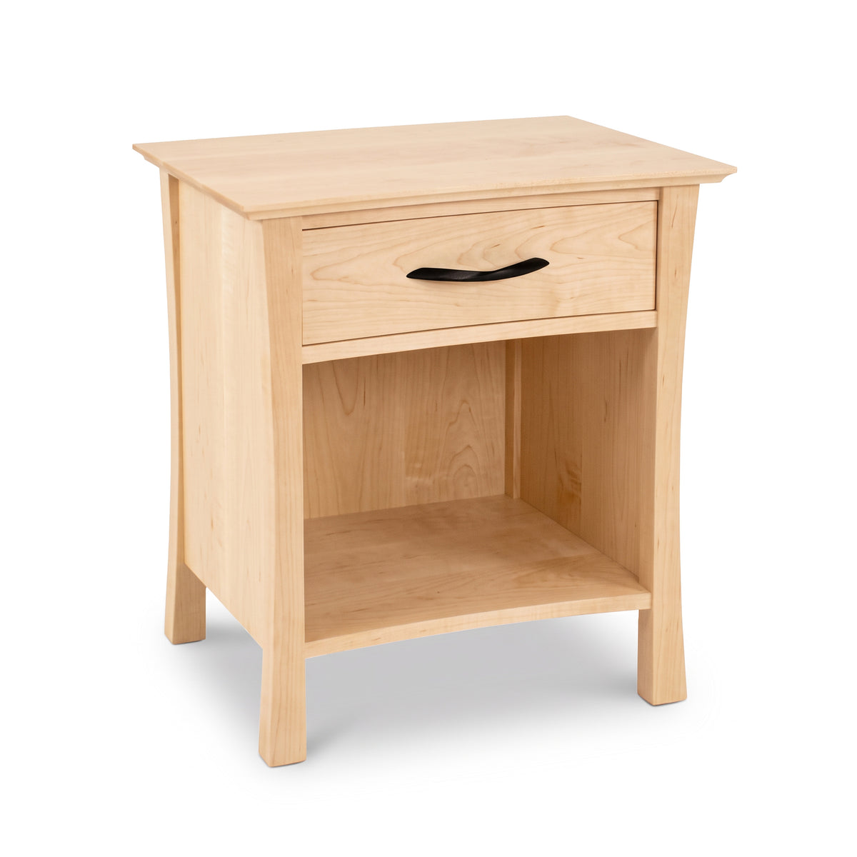 Lyndon Furniture Green Mountain nightstand in light wood, featuring one drawer with a dark curved pull and an open lower shelf.