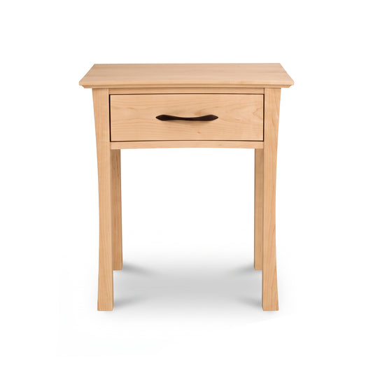Green Mountain 1-Drawer Nightstand in handcrafted light wood featuring a single drawer with a dark, curved handle.