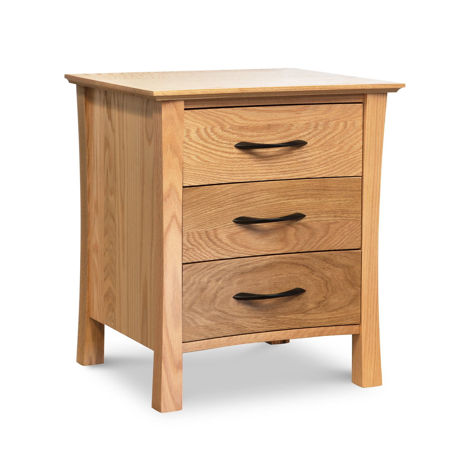 Lyndon Furniture Green Mountain 3-Drawer Nightstand in oak with modern curved black handles, crafted from sustainable hardwoods.
