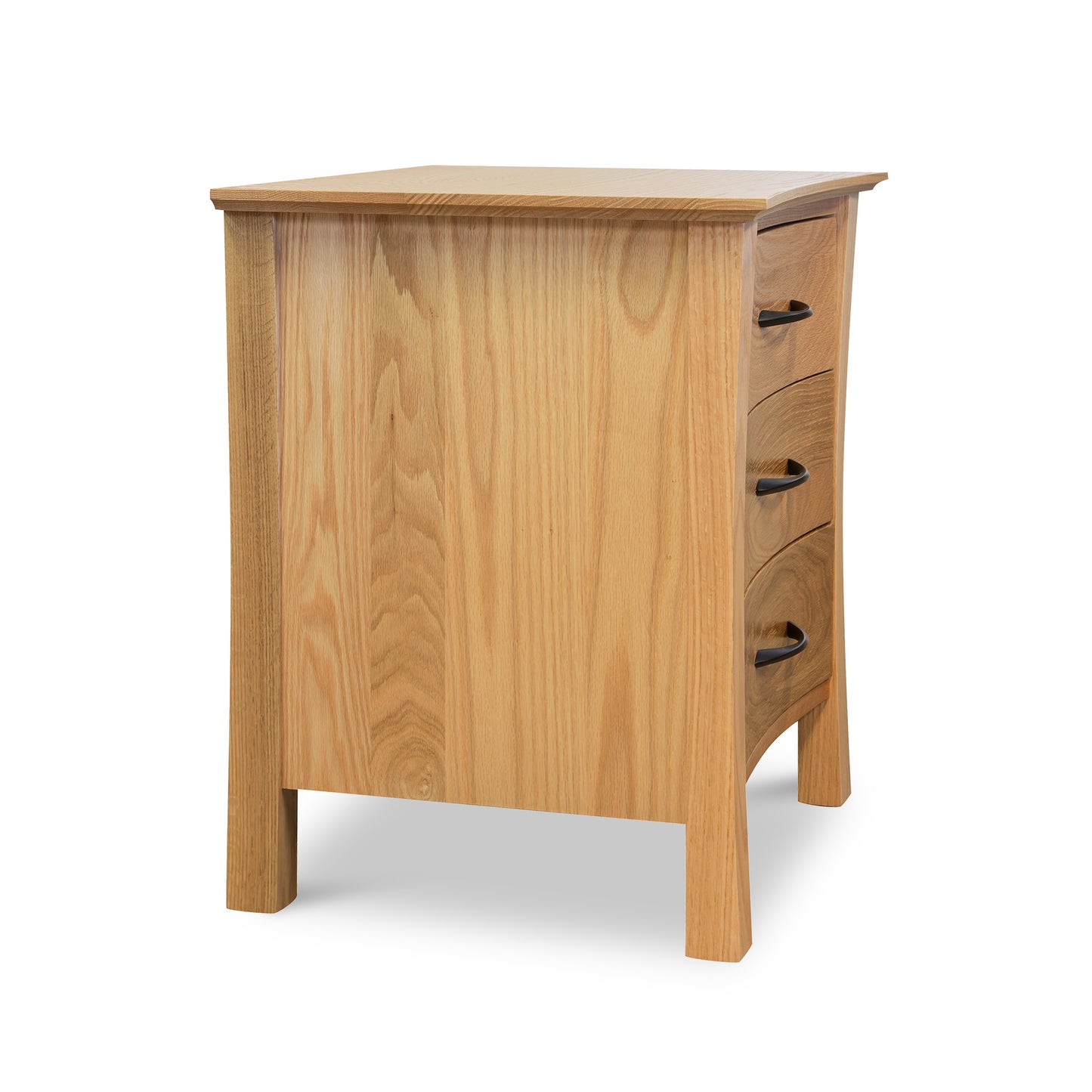 Oak Lyndon Furniture Green Mountain Nightstand with three black-handled drawers, crafted from sustainably sourced hardwood.
