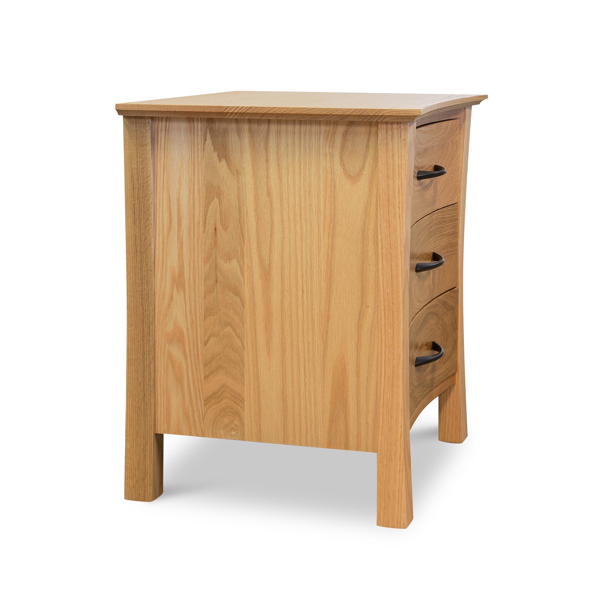Oak Lyndon Furniture Green Mountain Nightstand with three black-handled drawers, crafted from sustainably sourced hardwood.