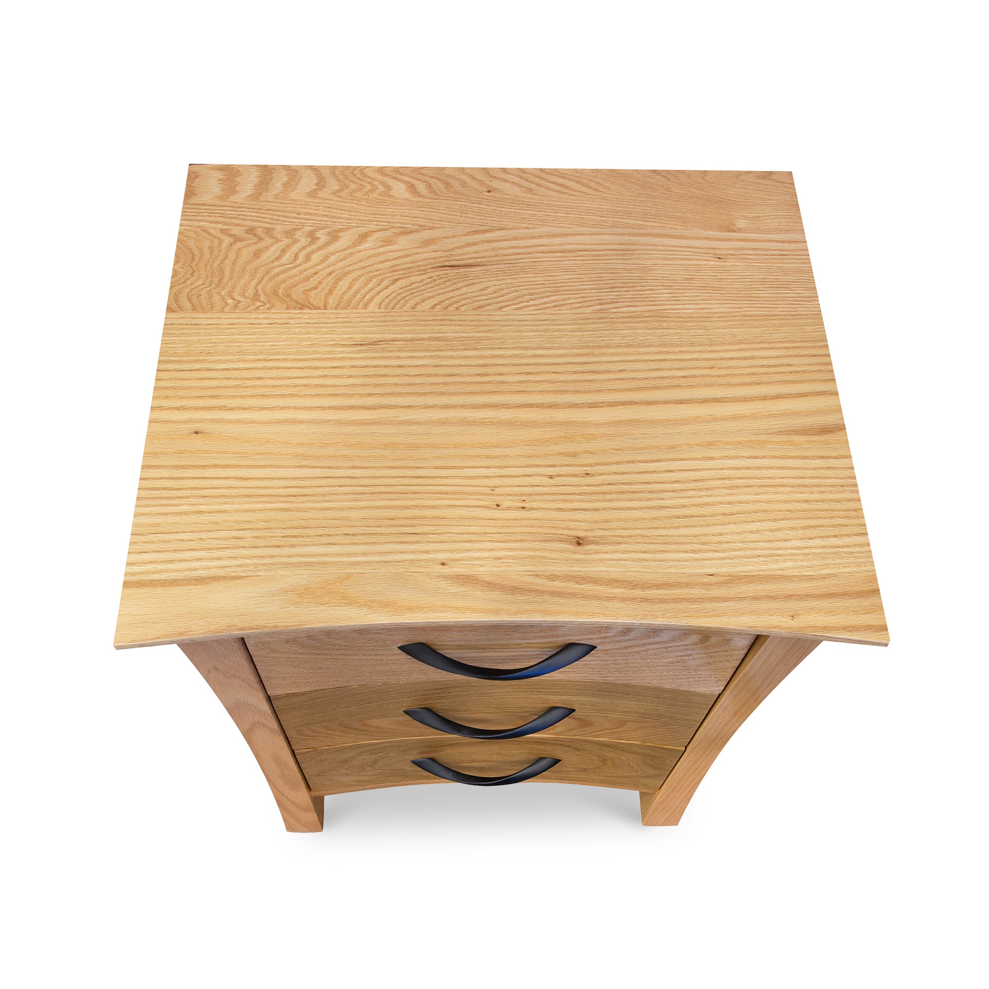 Green Mountain 3-Drawer Nightstand by Lyndon in sustainable hardwood, featuring elegant side panels and black handles, top view.