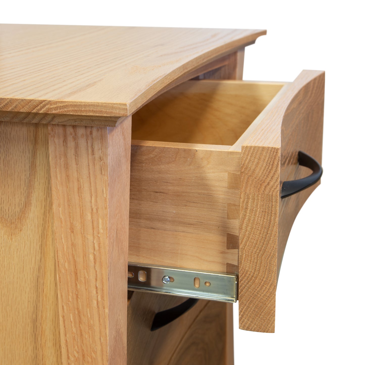 Lyndon Furniture Green Mountain Oak 3-Drawer Nightstand with dovetail joints and black metal handles, showcasing an open drawer design.