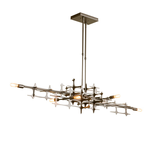 An industrial design chandelier featuring metal rods hanging from it, inspired by the Hubbardton Forge Grid Pendant and crafted by Hubbardton Forge.