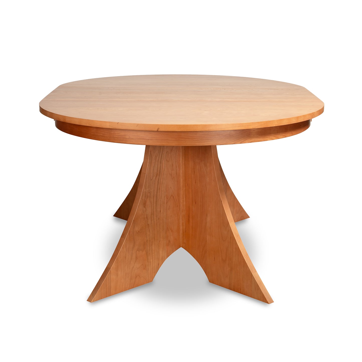 Lyndon Furniture Hampton Split Pedestal Extension Table with round solid wood top and distinctive pedestal base in natural finish, handcrafted in Vermont.