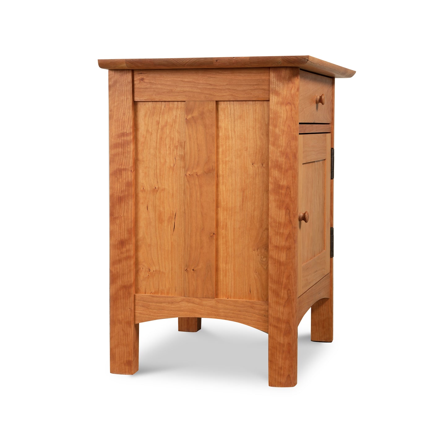 Heartwood Shaker 1-Drawer Nightstand with Door: Solid wood nightstand with a single drawer and a door, featuring an eco-friendly oil finish, isolated on a white background. Designed by Vermont Furniture Designs.